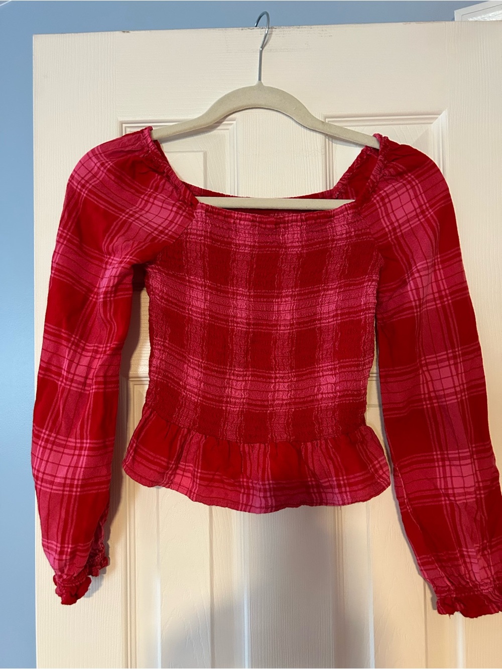 Free People Red Plaid Smocked Peplum Long-Sleeve Top